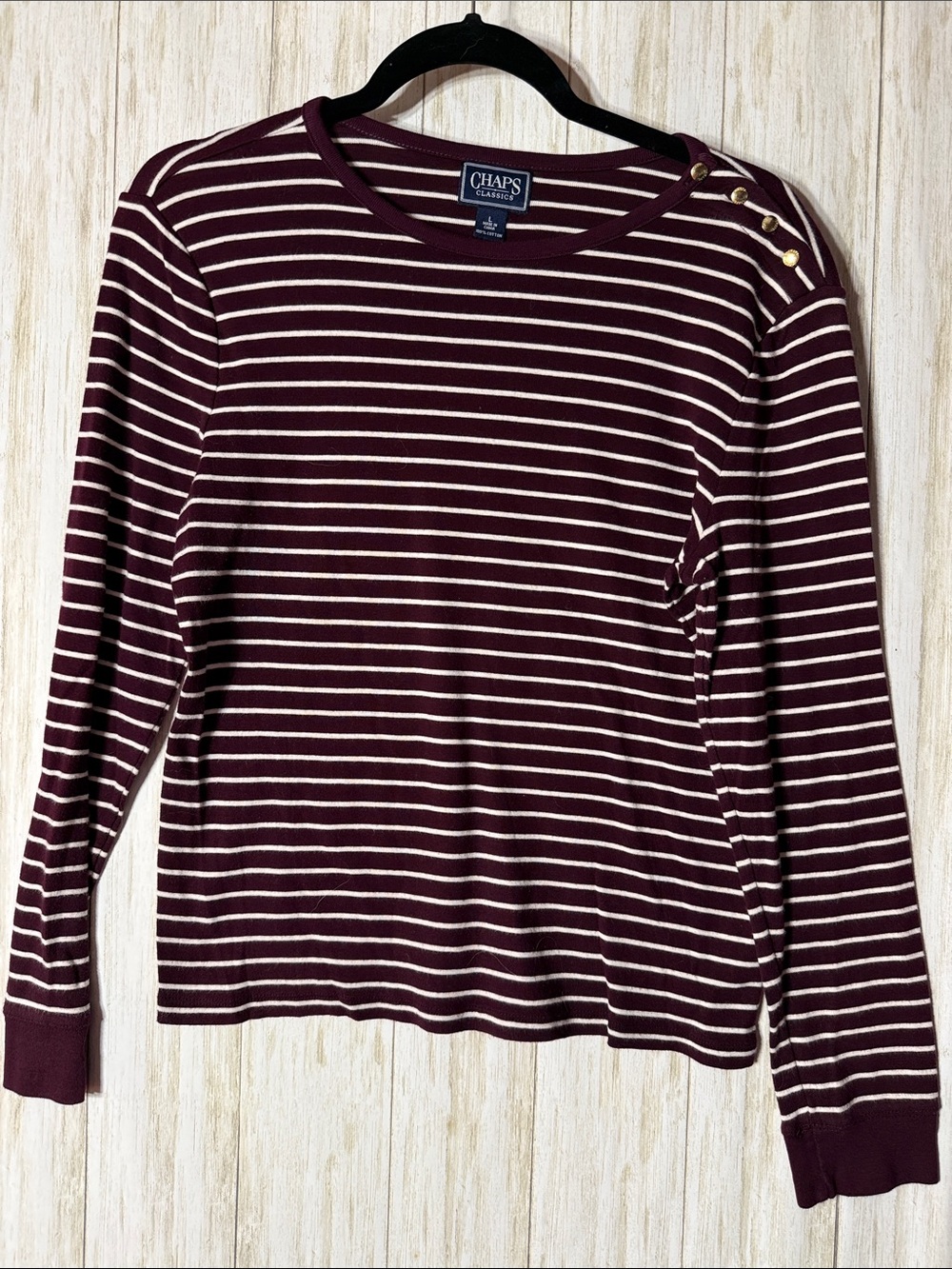 Chaps Burgundy & White Striped Long-Sleeve Top with Shoulder Buttons